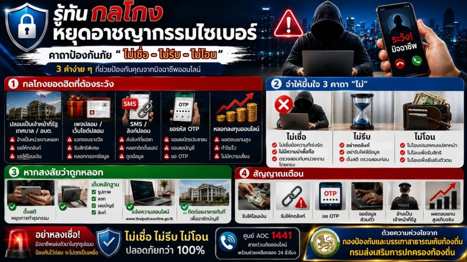 ประชาสัมพันธ์ "รู้ทันกลโกงหยุดอาชญากรรมไซเบอร์" คาถาป้องกันภัย ไม่เชื่อ-ไม่รีบ-ไม่โอน