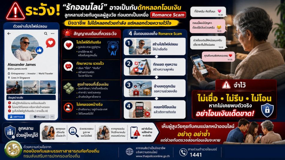 ระวัง !! "รักออนไลน์" อาจเป็นกับดักหลอกโอนเงิน ลูกหลานช่วยกันดูแลผู้สูงวัย ก่อนตกเป็นเหยื่อ